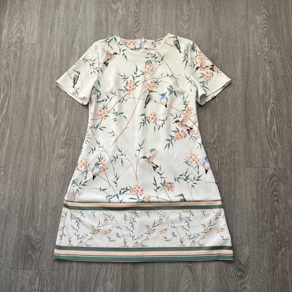 Nature Hummingbird Floral Church Dress Communion Easter Zip Back Feminine L